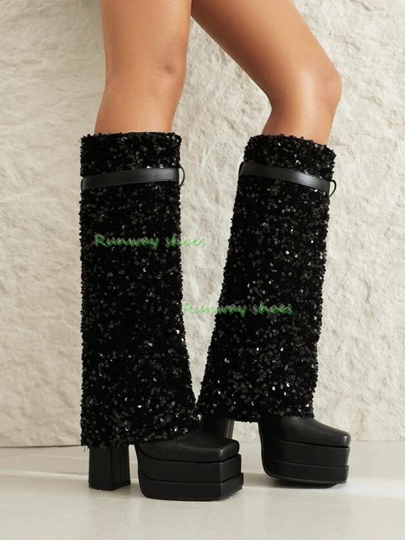 Winter Cloth - Blue Sequin Knee High Boots Double